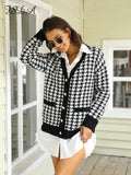 Huibaolu V Neck Women Button Black Houndstooth Cardigan 2023 Long Sleeve Sweater Autumn Winter Knitted Loose Oversized Jumper Casual