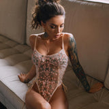 Huibaolu Floral Embroidery Bodysuit Women Lace Up Bandage Bodies Sexy Sleeveless Bodycon Transparent Lingerie Mesh Bodysuits Top