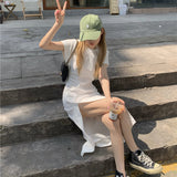 huibaolu Women Dress Summer Simple Fashion Side-Slit Korean Style Elegant Mid-calf Folds Casual Female Vestido Mujer Street Harajuku Cozy