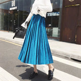 Huibaolu Golden Velvet Pleats A-line Dance Party Elastic High Waist Women's Skirt Korean Fashion Mid-Calf Long Skirts For Women