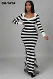 Huibaolu Women Striped Patchwork Plunging V-neck Long Sleeve Mermaid Maxi Dress Elegant Party Autumn Winter Long Dresses