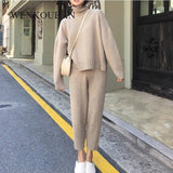 Huibaolu Winter 2 Pieces Set Women knitted Tracksuit Pullover Turtleneck Female Sweater Pant Ladies Loose Jumper and Pants Set