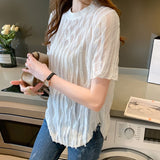 Huibaolu Summer Loose O Neck Woman Shirt White Fashion Pleated Short Sleeve Blouses Women Casual Female Tops Clothing Blusas 14348