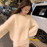 Huibaolu Cashmere Autumn Sweater Women O-Neck Casual Pullovers Sweet Long Sleeve Hairy Jumpers Outwear Lantern Sleeve M502