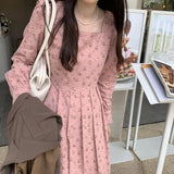 huibaolu Women Elegant Puff Sleeve All-match Square Collar Lovely Print Tender Autumn Female Vestidos Streetwear Preppy Style Soft