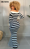 Huibaolu Women Striped Patchwork Plunging V-neck Long Sleeve Mermaid Maxi Dress Elegant Party Autumn Winter Long Dresses