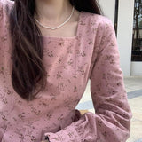 huibaolu Women Elegant Puff Sleeve All-match Square Collar Lovely Print Tender Autumn Female Vestidos Streetwear Preppy Style Soft