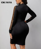 Huibaolu Women Sexy Night Party Long Sleeve Patchwork Bodycon Midi Dress