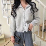 Huibaolu Cashmere Sweater Women Turn Down Collar Long Sleeve Loose Knitted Sweater Cardigan Autumn Coat Hairy Single Breasted X460