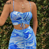 Huibaolu Summer Sexy 2 Two Piece Set Women Outfits 2023 Sleeveless Backless Crop Top Drawstring Mini Skirts Clubwear Matching Set