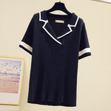 Huibaolu Summer Knitted Sweater Women Casual Korean Jumpers Short Sleeve Vintage Pullovers Loose Black White Knitwear M050