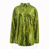 huibahe Turn-down Collar Sequins Women Blouse Green Long Sleeve Elegant Loose Blouse Women Spring Fashion Casual Streetwear 2023