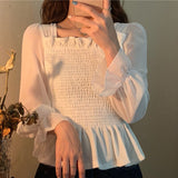 Huibaolu 2023 Autumn Square Collar Slim White Shirts Women Sexy Long Sleeve Patchwork Blouses Female Korean Fashion Womens Clothes