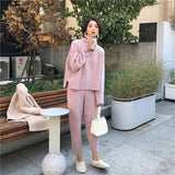 Huibaolu Winter 2 Pieces Set Women knitted Tracksuit Pullover Turtleneck Female Sweater Pant Ladies Loose Jumper and Pants Set