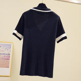 Huibaolu Summer Knitted Sweater Women Casual Korean Jumpers Short Sleeve Vintage Pullovers Loose Black White Knitwear M050