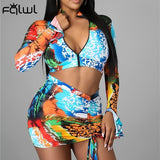 Huibaolu Summer Print Sexy 4 Four Two Piece Dress Sets Women Rave Vacation Outfits Crop Top Women 2023 Mini Skirts Matching Sets