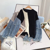 Huibaolu Neck Long Sleeve Denim Frayed Patchwork Mohair Knitted Women's Sweater 2023 Winter Vintage Loose Pullover Female Jumpers