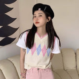 huibaolu Vests Women Elegant Fashion England Style Summer Argyle Sleeveless Crop Sweet Girlish V-neck Casual All-match Street New