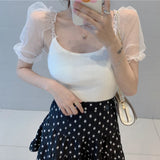 Huibaolu Cropped Tops Women Puff Sleeve Square Collar Mesh Patchwork Summer T-Shirts Elegant Casual Shirts Vintage Korean W655