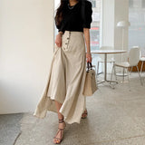 Huibaolu Cotton Line Long Skirts Women High Waist Big Swing Split Summer Skirt Vintage Harajuku Buttons Irregular Midi Skirt Z017