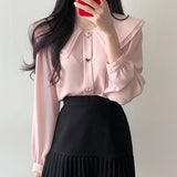 Huibaolu Shirts Women Korean Fashion Female Clothing Solid Double-layer Long Sleeve Chiffon Blouses Autumn Button Basic Tops