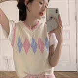 huibaolu Vests Women Elegant Fashion England Style Summer Argyle Sleeveless Crop Sweet Girlish V-neck Casual All-match Street New