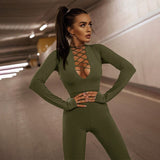 Huibaolu Autumn Hollow Out Black Jumpsuits Women Green Long Sleeve Bodycon Jumpsuit Winter One Piece Sexy Club Outfits For Women