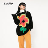 huibaolu Winter Street Style Y2K Floral Embroidery Women Warm Sweater Oversize Long Sleeve Knit Ladies Pullover Female Clothing Tops