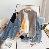 Huibaolu Neck Long Sleeve Denim Frayed Patchwork Mohair Knitted Women's Sweater 2023 Winter Vintage Loose Pullover Female Jumpers