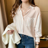 Huibaolu Pockets Striped Casual Long Sleeve Shirt Women Blouse Ladies Clothes Loose Button Womens Tops Chemisier Femme 2023 Spring