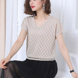 Huibaolu Hollow Out Short Sleeve Knitted Tops 2023 Thin V Neck Loose Pullovers Sweaters Women Jumpers Womens Clothing Sweter Mujer