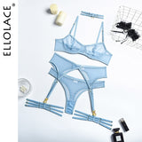 Huibaolu Set Woman 4 Pieces Sexy Erotic Lingerie Underwear Bra Garters Brief Sets Transparent Lace Seamless Blue Setup Ladies