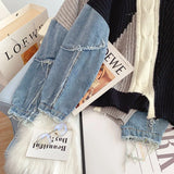 Huibaolu Neck Long Sleeve Denim Frayed Patchwork Mohair Knitted Women's Sweater 2023 Winter Vintage Loose Pullover Female Jumpers