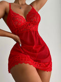 Huibaolu Sexy Sleepwear Deep-V Night Dress Women Sleeping Nightgown Red Lace Nightie Lingerie Sleeveless Mini Dress Homewear