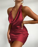 huibaolu Neck Satin Ruched Party Dress Women Sexy Night Out Club Dress