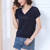 Huibaolu Hollow Out Short Sleeve Knitted Tops 2023 Thin V Neck Loose Pullovers Sweaters Women Jumpers Womens Clothing Sweter Mujer