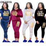 Huibaolu Plus Size XL-5XL Letter Print Velvet Women's Set Sweatshirt Top Jogger Pants Suit Tracksuit Two Piece Set Fitness Outfit