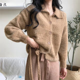 Huibaolu Cashmere Sweater Women Turn Down Collar Long Sleeve Loose Knitted Sweater Cardigan Autumn Coat Hairy Single Breasted X460