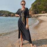 Huibaolu Indie Folk Lace Up V-Neck Batwing Sleeve Summer Beach Dress Tunic Women Beachwear kaftan Maxi Dress Robe Sarong Q775