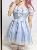 Huibaolu Lolita Style Princess Fluffy A-line Mini Dress Cute Aesthetic Puff Short Sleeve Ball Gown Fairycore Y2K Dresses Sweet