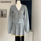 Huibaolu Two Piece Knit Preppy Style Female Cardigan Autumn Basic Simple Skirts V-neck Solid Color Loose Fashion Women Cardigan