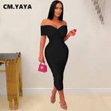 Huibaolu Women Off Shoulder Ruched Sweetheart Collar Bodycon Midi Maxi Long Dress INS 2023 Evening Sexy Party Dresses Vestidos