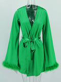 huibahe Deep V Neck Feather Mini Dress Sexy Long Sleeve Elegant Drawstring Green Party Dress Solid Casual Satin Vestidos Female