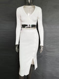 huibahe Deep V Neck Dress Sets Women Long Sleeve White Crop Tops Side Split Midi Skirt Set Bodycon Casual Cardigan Suit Female