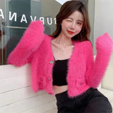 Huibaolu Cashmere Sweater V-neck Y2K E-girls Club Long Sleeved Tops Women Mohair Knitted Cardigans Vintage Loose Short Jacket N825