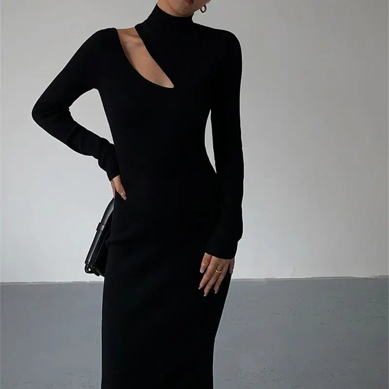 Huibaolu Turtleneck Knitted Dress Black Slim Women Minimalist Elegant Long Sleeve Midi Dress Party Office Bodycon Vestidos O146