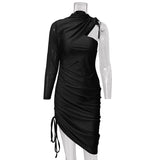 huibaolu One Shoulder Drawstring Ruched Bodycon Dress Women Solid Long Sleeve Mid-calf Night Club Party Dress