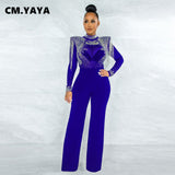 Huibaolu Women Jumpsuit Solid High Collar Hot Drill Mesh Shoulder Cotton Long Sleeves Long Straight Jumpsuit Sexy Party Outfits