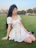 huibaolu Waist Dress Women Summer Floral Sweet Square Collar Puff Sleeve Princess Girlish Tender Elegant Korean Style Preppy Chic