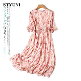 Huibaolu Floral Printing French Elegant Chic A-Line V-Neck Women's Dress Korean Fashion Three Quarter Mid-Calf Dresses For Women